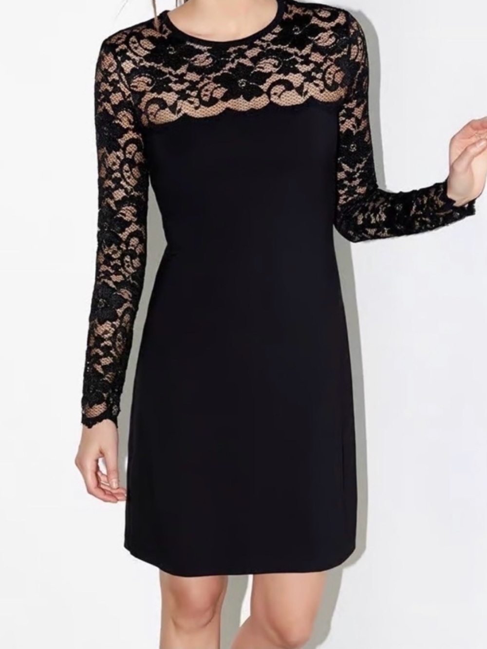 Karen Kane Black Lace Yoke Long Sleeve Shift Dress